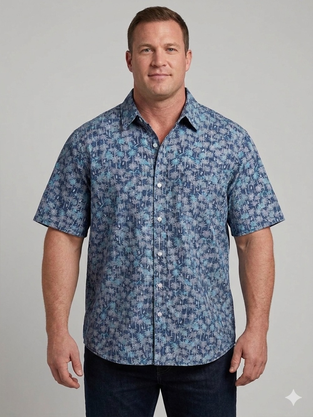 Chaps Men's Blue Tropical Palm Button-Down Shirt XL